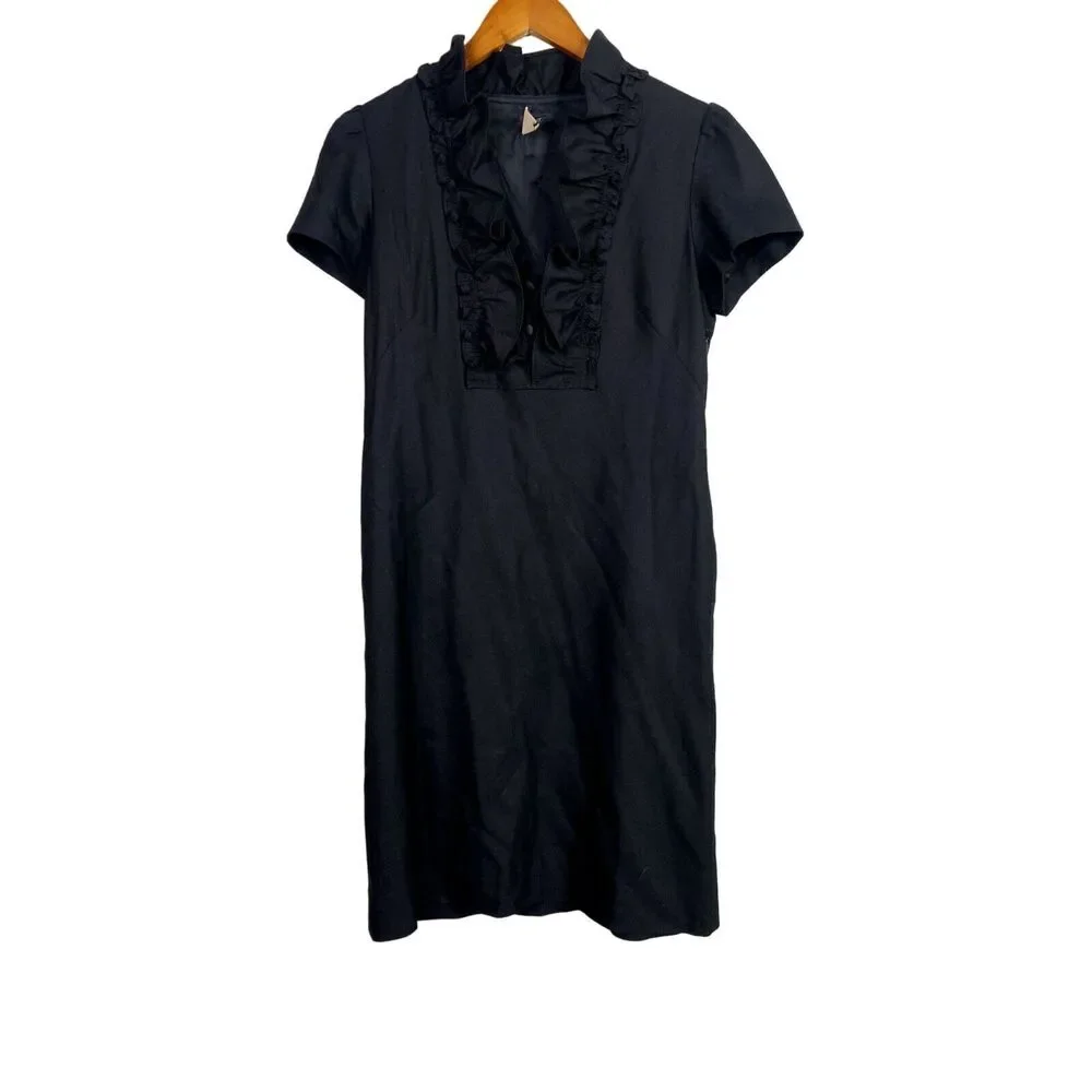 J. Crew Madeline Ruffle Collar Wool Short Sleeve Dress Pockets Side Zip 2 Black